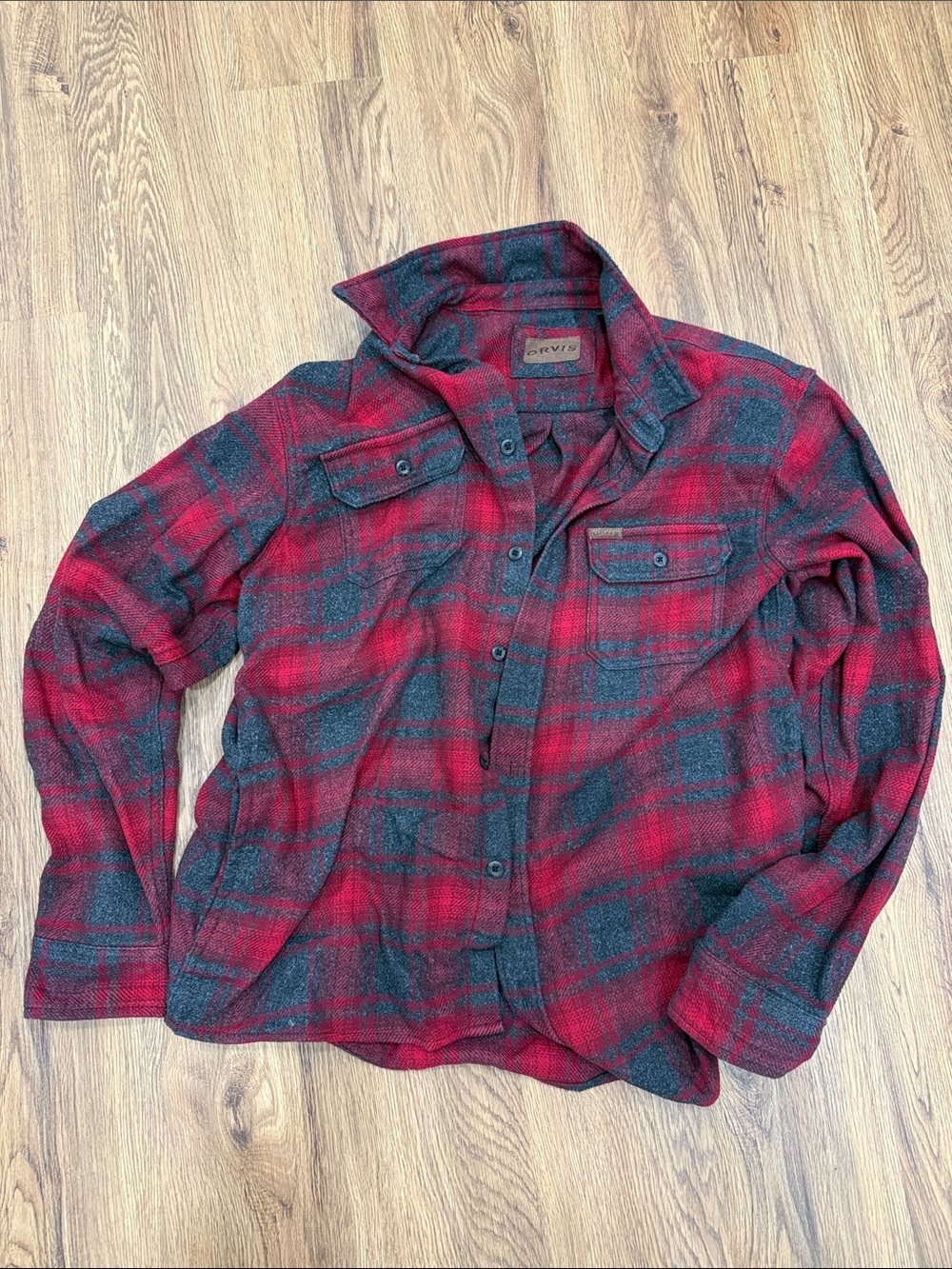Orvis Red and Charcoal Plaid Flannel Shirt